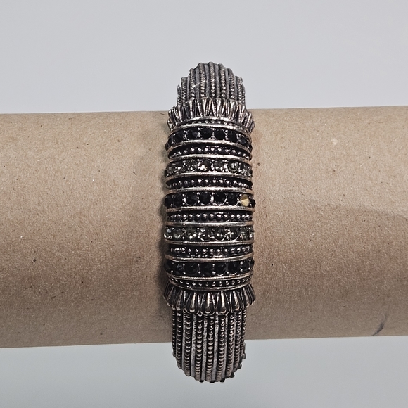 Silver Hinged Bangle Bracelet with Clear and Black Rhinestones - Picture 1 of 4